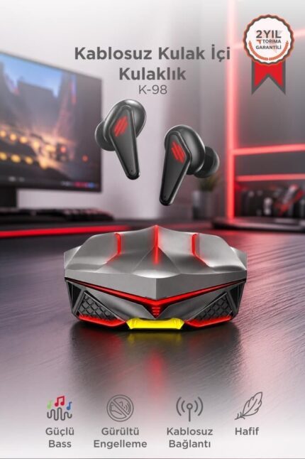Bluetooth Kulaklık Kulak İçi Led Işıklı Oyuncu Kulaklık K98 Siyah